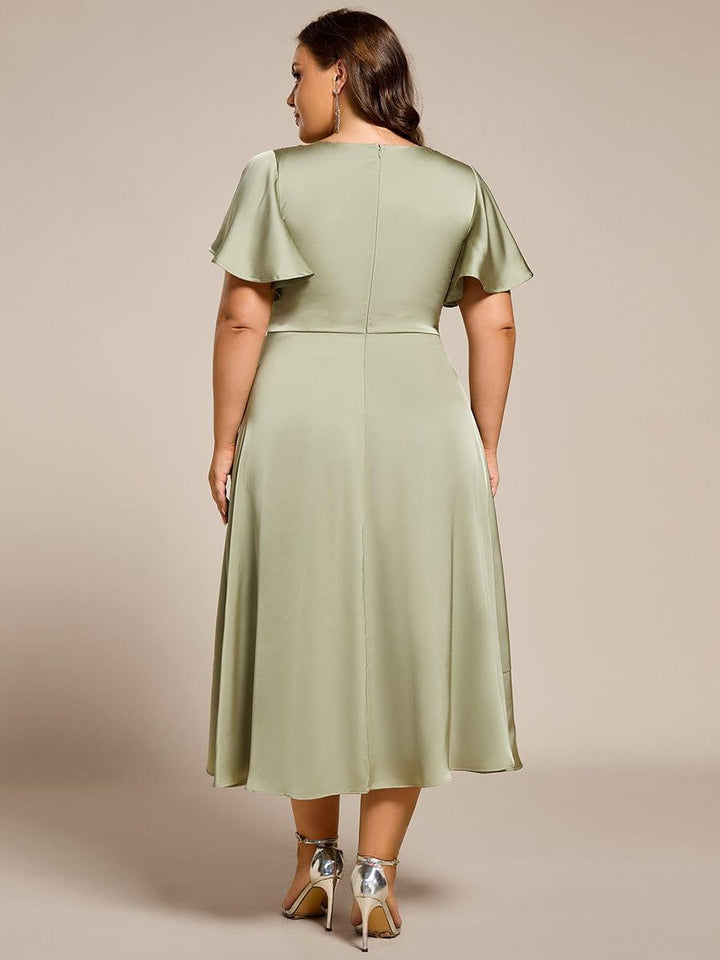 ever SAIGE|V-Neck Satin Midi Wedding Guest Dress with Ruffled Skirt