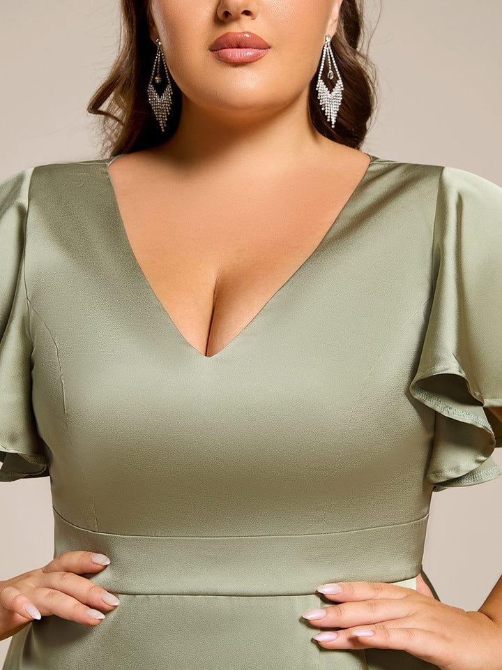 pretty SAIGE|Plus Size V-Neck Satin Midi Wedding Guest Dress with Ruffled Skirt