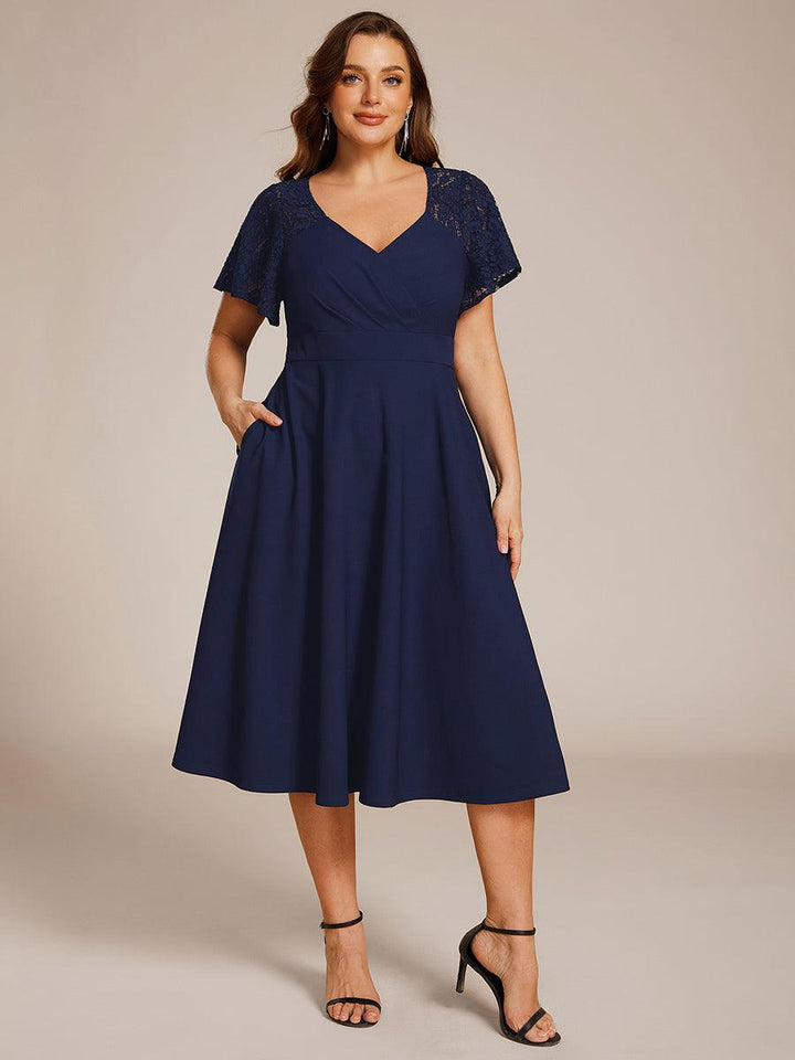 ever EVIE|Short Sleeves A-Line Midi Wedding Guest Dress with Pockets