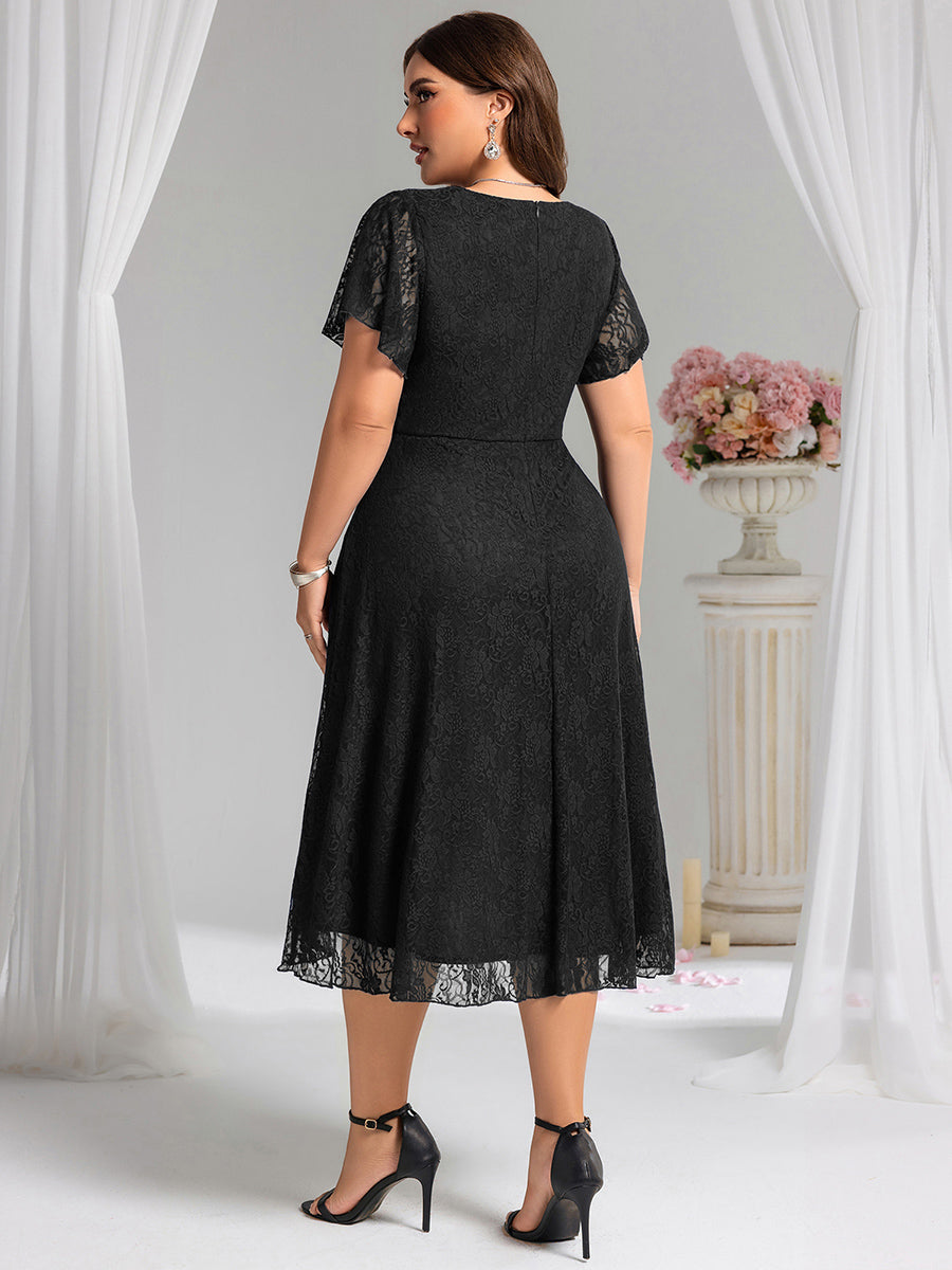 ever PALOMA|Ruffled Short Sleeves V-Neck A-Line Midi Wedding Guest Dress