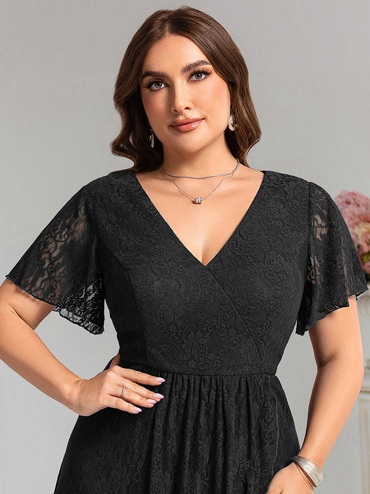 ever PALOMA|Ruffled Short Sleeves V-Neck A-Line Midi Wedding Guest Dress