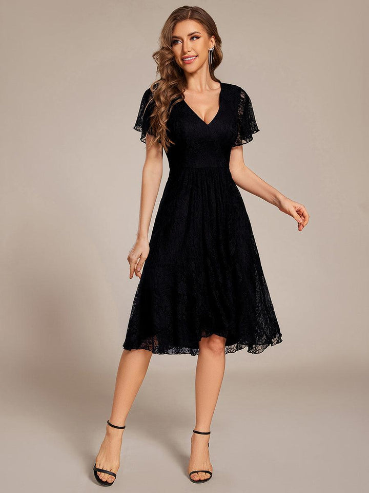 ever PALOMA|Ruffled Short Sleeves V-Neck A-Line Midi Wedding Guest Dress