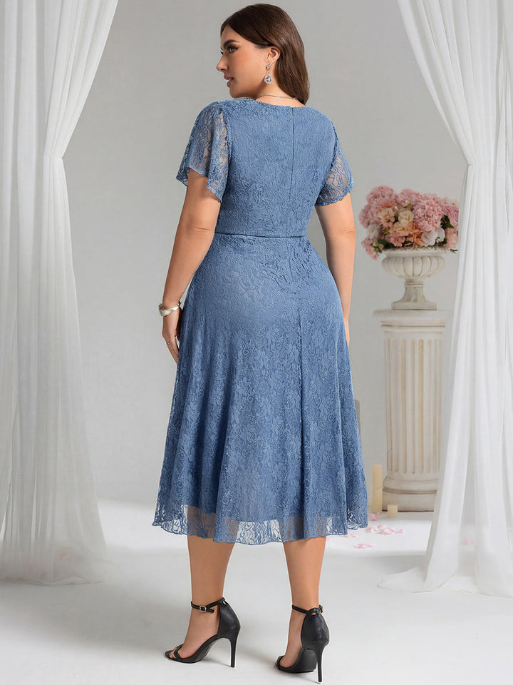 pretty PALOMA|Plus Size Short Sleeves V-Neck A-Line Lace Midi Wedding Guest Dress