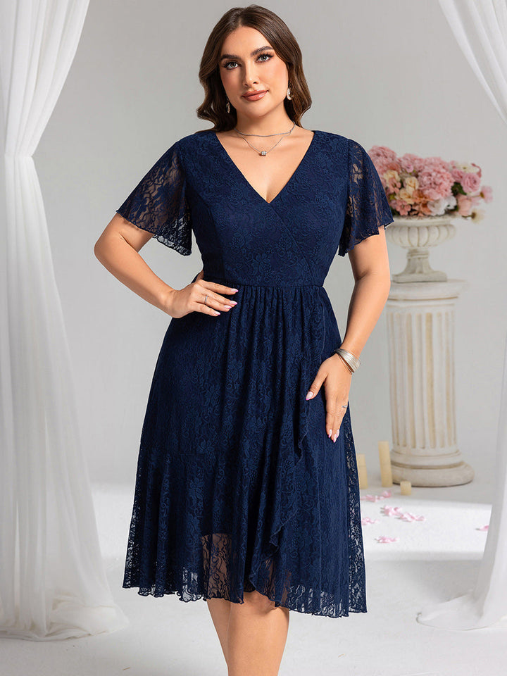 pretty PALOMA|Plus Size Short Sleeves V-Neck A-Line Lace Midi Wedding Guest Dress