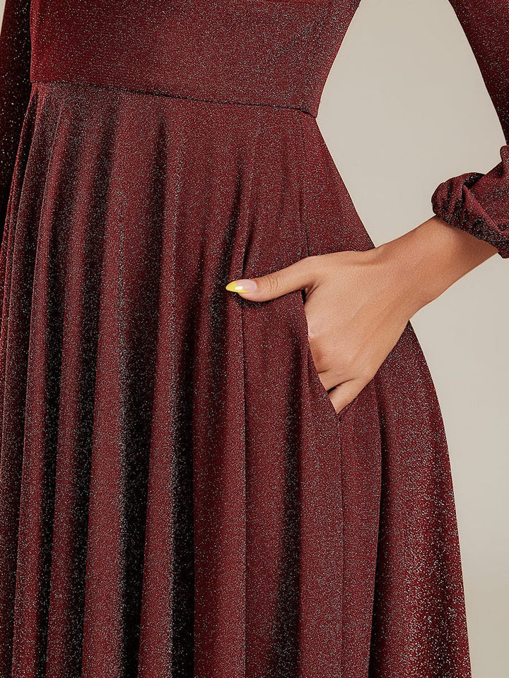 pretty GREER| Plus Size Glitter long Sleeve Midi Dress With Pocket