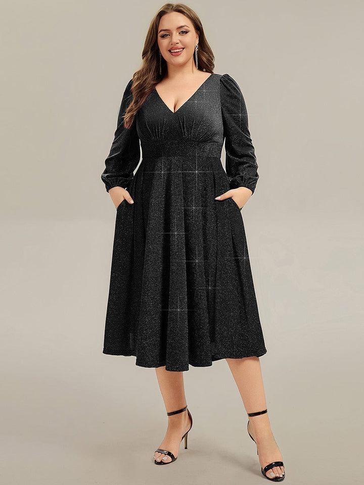 pretty GREER|Plus Size With Pocket Glitter Midi Wedding Guest Dress