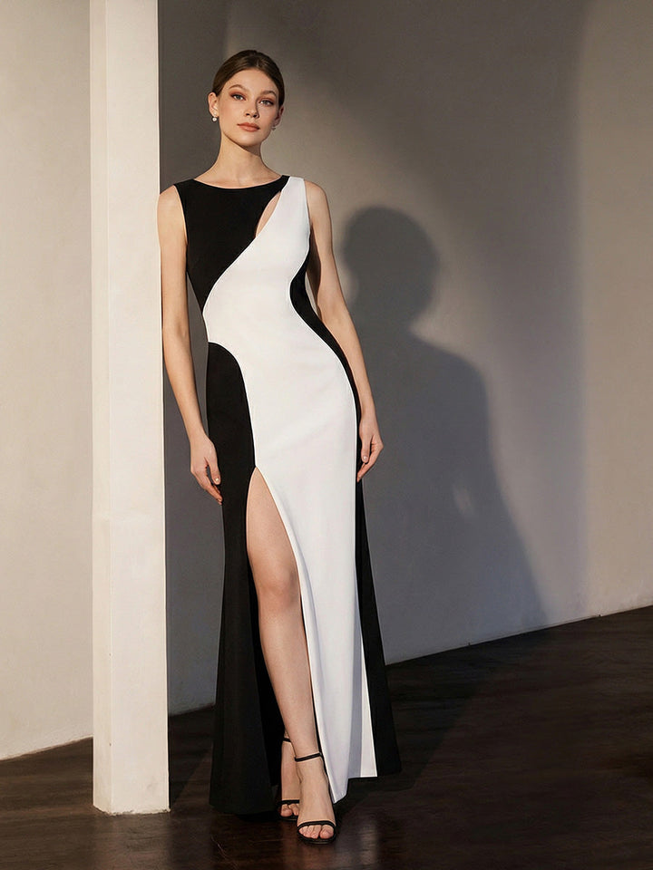 ever PEARL|Black Tie Stretch Colorblock Sleeveless Maxi Dress with High Slit