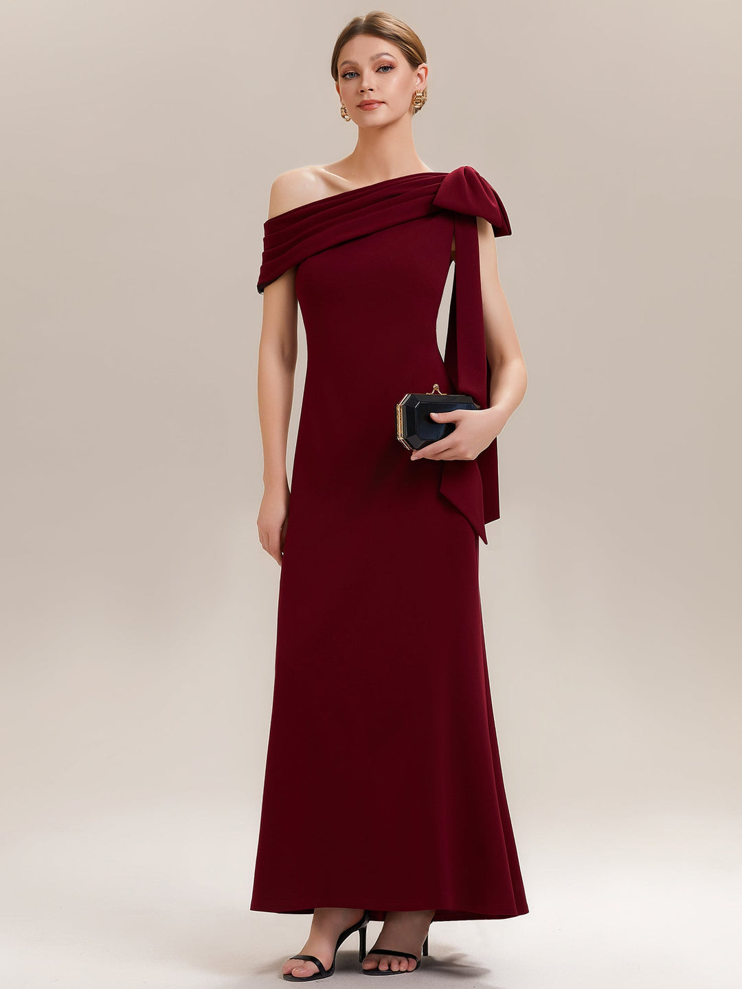 ever NOIR|Asymmetric Shoulder with Bow Knit Black Tie Formal Dress