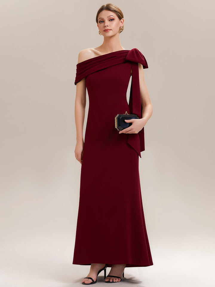 ever NOIR|Asymmetric Shoulder with Bow Knit Black Tie Formal Dress