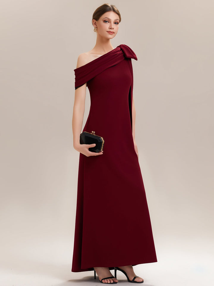 ever NOIR|Asymmetric Shoulder with Bow Knit Black Tie Formal Dress