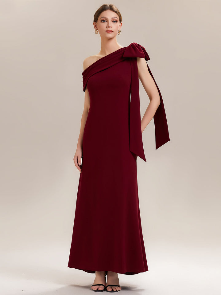 ever NOIR|Asymmetric Shoulder with Bow Knit Black Tie Formal Dress