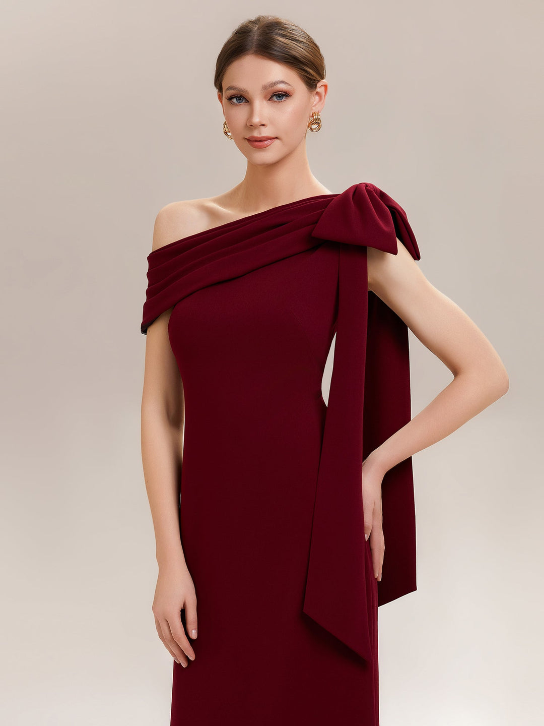 ever NOIR|Asymmetric Shoulder with Bow Knit Black Tie Formal Dress
