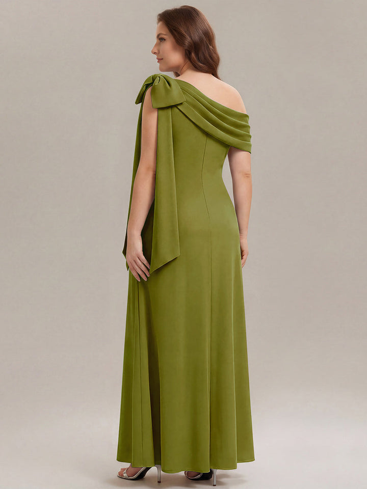 ever NOIR|Asymmetric Shoulder with Bow Knit Black Tie Formal Dress