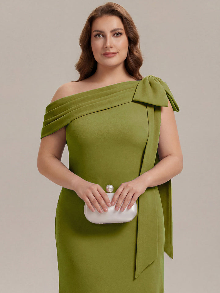 ever NOIR|Asymmetric Shoulder with Bow Knit Black Tie Formal Dress