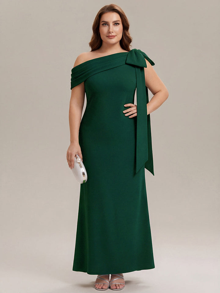 ever NOIR|Asymmetric Shoulder with Bow Knit Black Tie Formal Dress