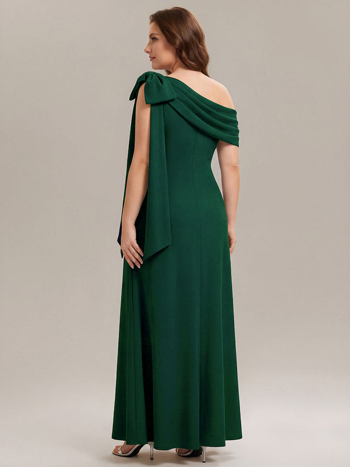 ever NOIR|Asymmetric Shoulder with Bow Knit Black Tie Formal Dress
