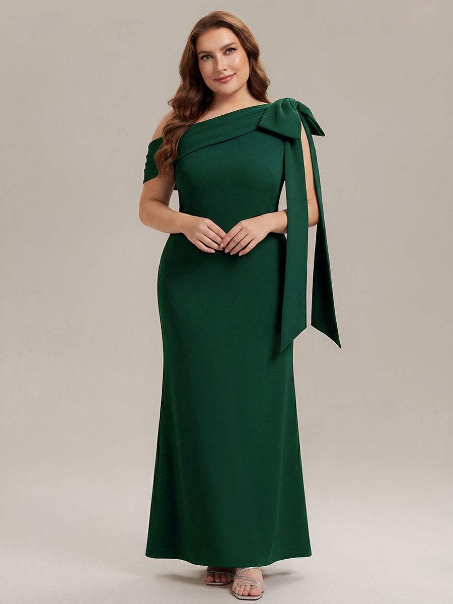 ever NOIR|Asymmetric Shoulder with Bow Knit Black Tie Formal Dress