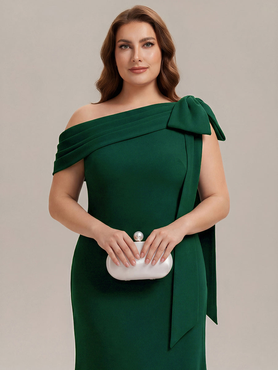 ever NOIR|Asymmetric Shoulder with Bow Knit Black Tie Formal Dress