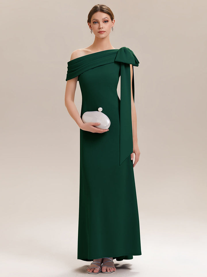 ever NOIR|Asymmetric Shoulder with Bow Knit Black Tie Formal Dress
