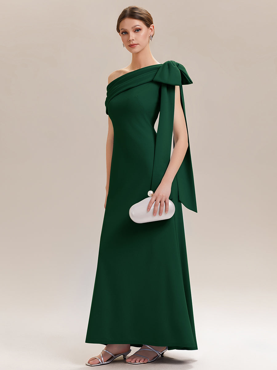 ever NOIR|Asymmetric Shoulder with Bow Knit Black Tie Formal Dress