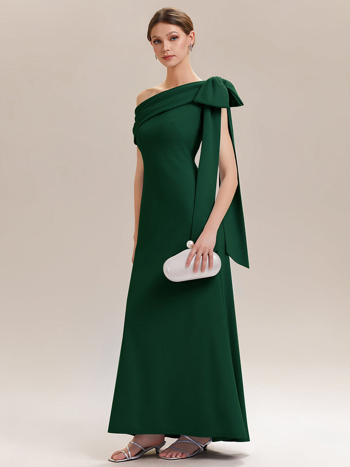 ever NOIR|Asymmetric Shoulder with Bow Knit Black Tie Formal Dress