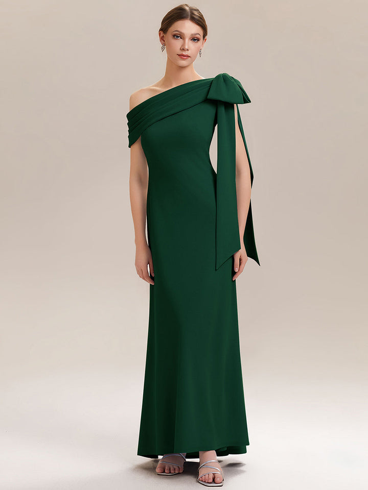 ever NOIR|Asymmetric Shoulder with Bow Knit Black Tie Formal Dress