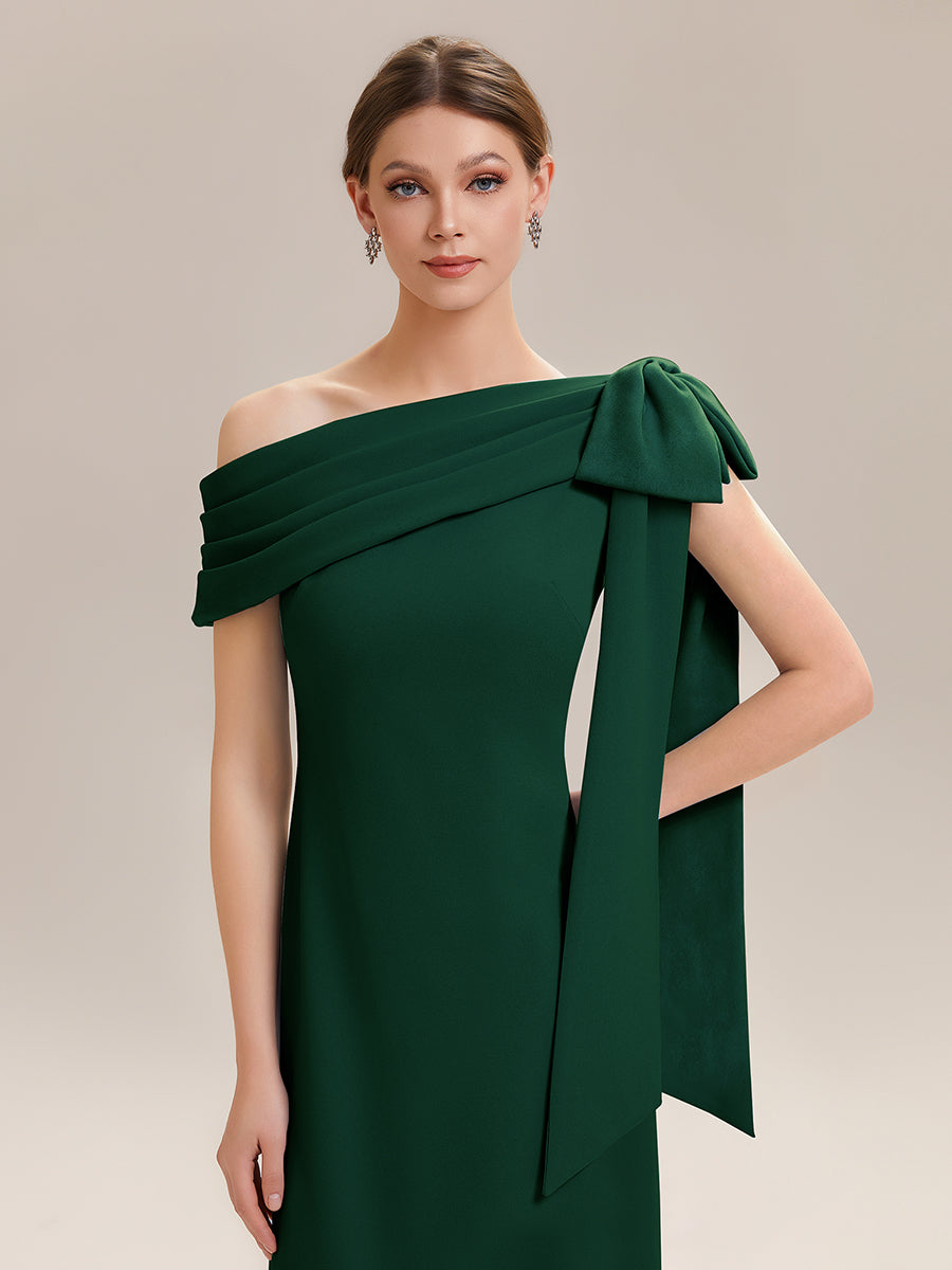 ever NOIR|Asymmetric Shoulder with Bow Knit Black Tie Formal Dress