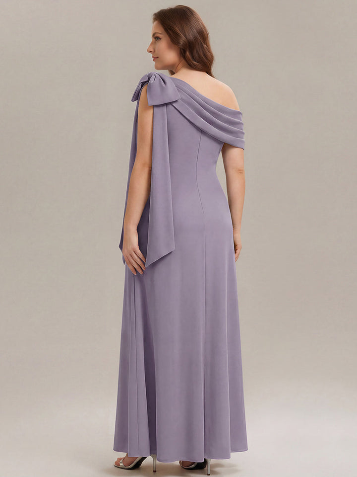 ever NOIR|Asymmetric Shoulder with Bow Knit Black Tie Formal Dress