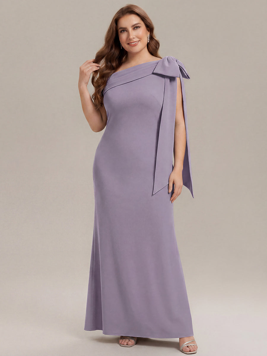 ever NOIR|Asymmetric Shoulder with Bow Knit Black Tie Formal Dress