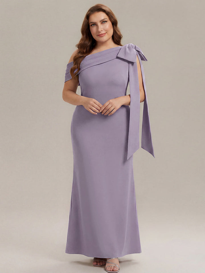 ever NOIR|Asymmetric Shoulder with Bow Knit Black Tie Formal Dress