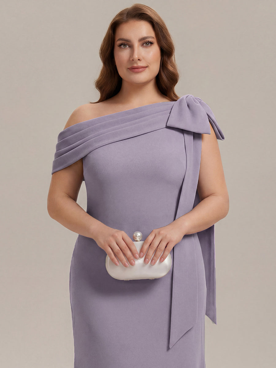 ever NOIR|Asymmetric Shoulder with Bow Knit Black Tie Formal Dress