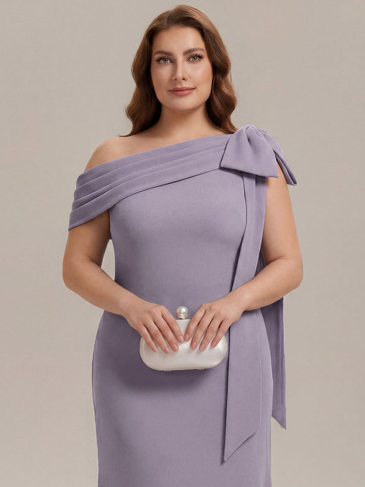ever NOIR|Asymmetric Shoulder with Bow Knit Black Tie Formal Dress