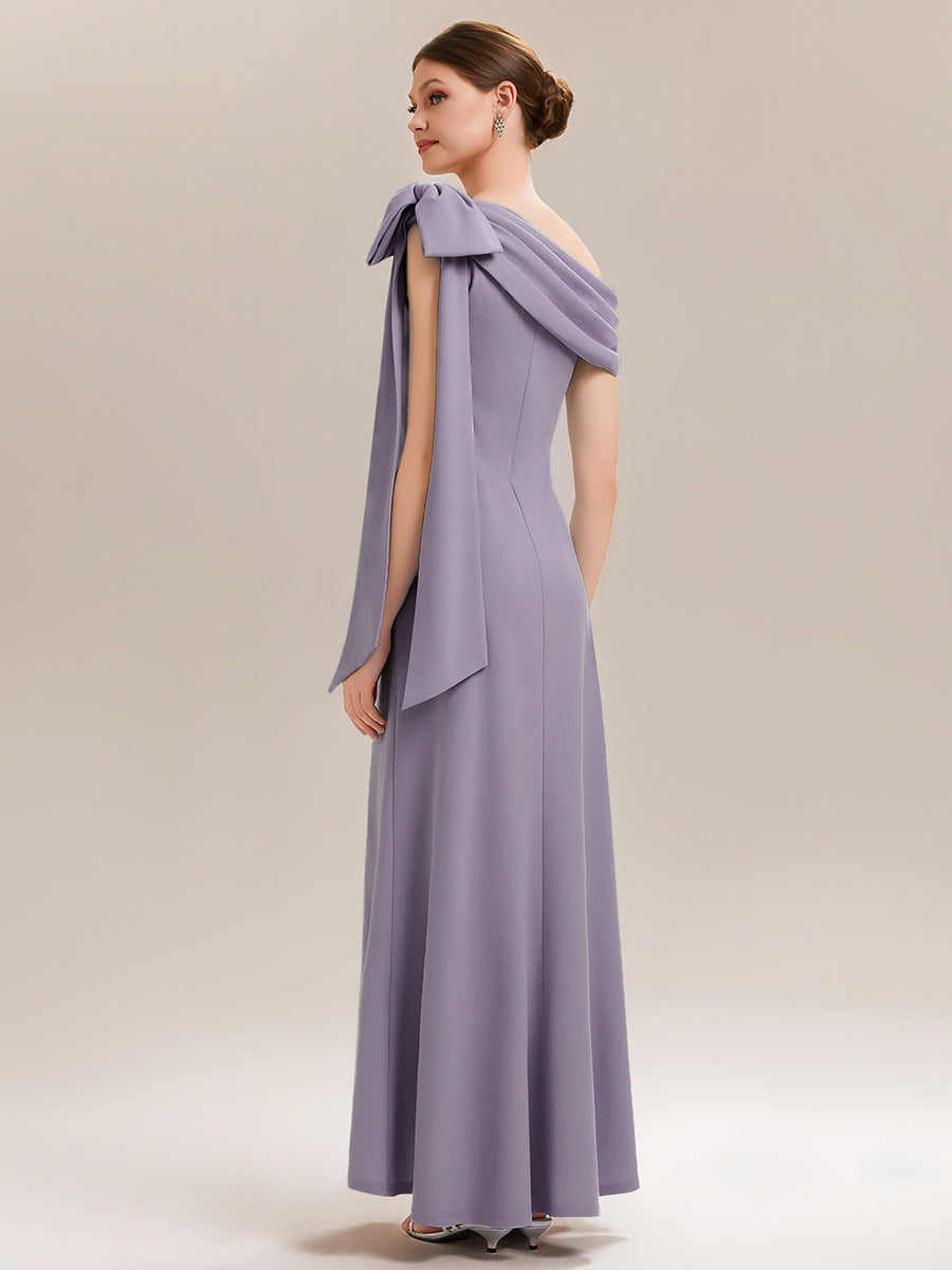 ever NOIR|Asymmetric Shoulder with Bow Knit Black Tie Formal Dress
