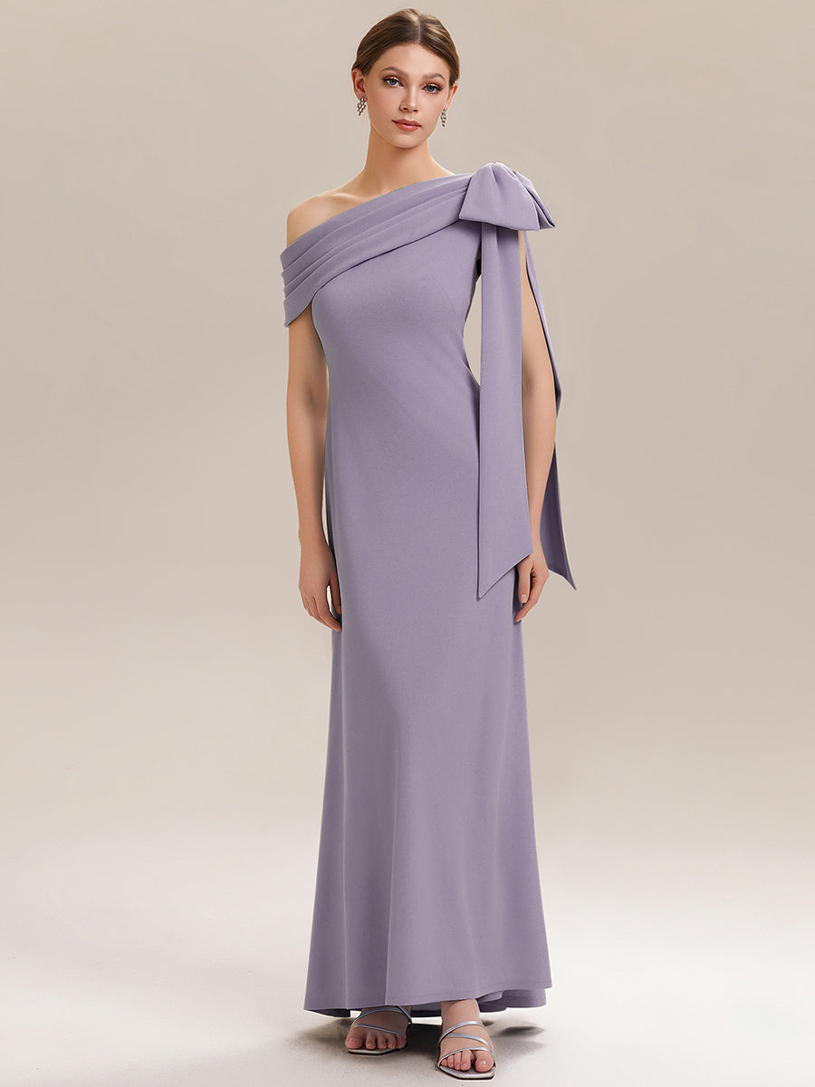 ever NOIR|Asymmetric Shoulder with Bow Knit Black Tie Formal Dress