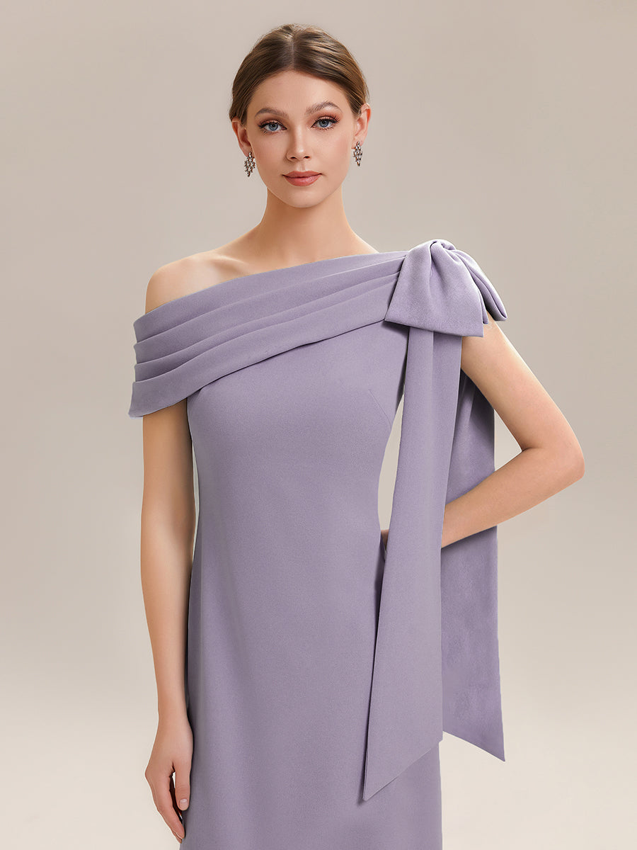 ever NOIR|Asymmetric Shoulder with Bow Knit Black Tie Formal Dress