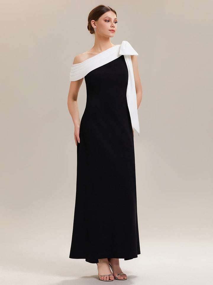 ever NOIR|Asymmetric Shoulder with Bow Knit Black Tie Formal Dress