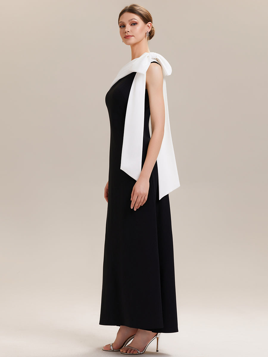ever NOIR|Asymmetric Shoulder with Bow Knit Black Tie Formal Dress