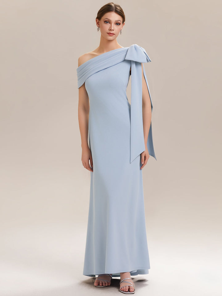 ever NOIR|Asymmetric Shoulder with Bow Knit Black Tie Formal Dress