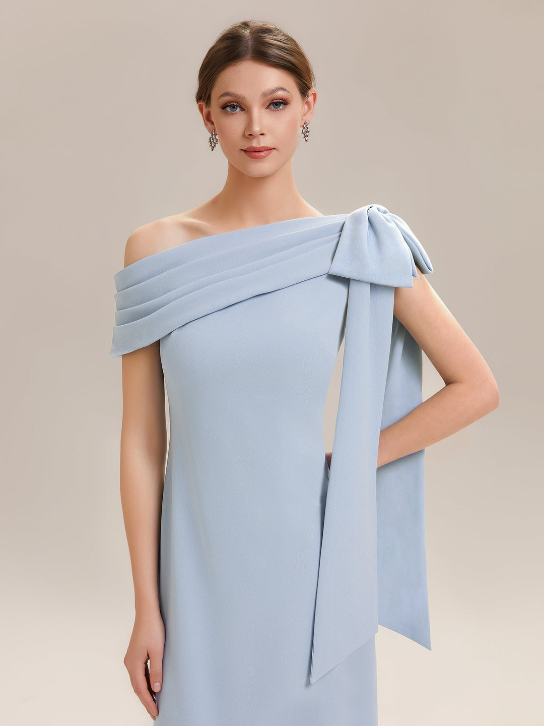 ever NOIR|Asymmetric Shoulder with Bow Knit Black Tie Formal Dress