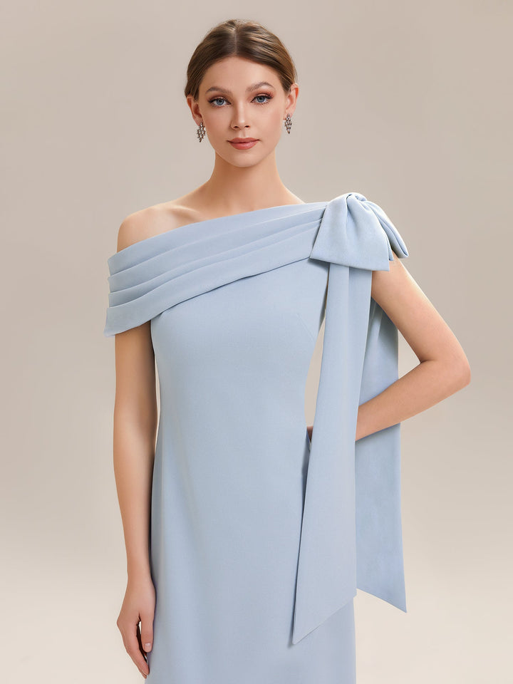 ever NOIR|Asymmetric Shoulder with Bow Knit Black Tie Formal Dress