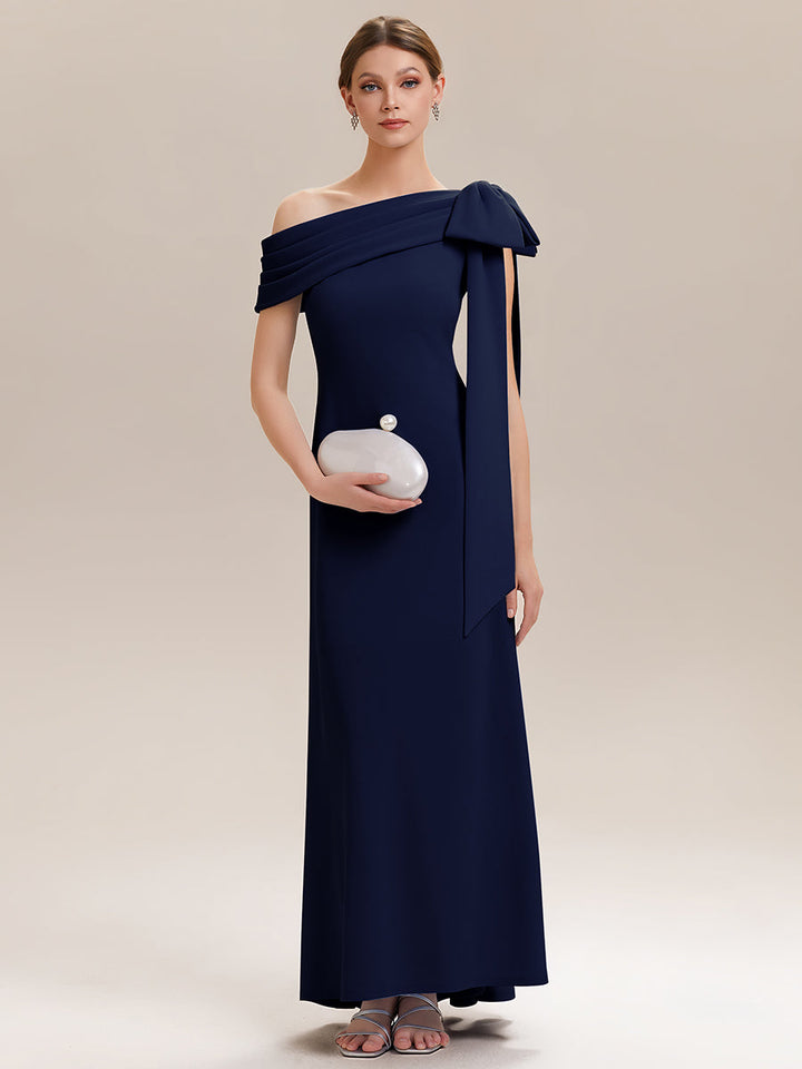ever NOIR|Asymmetric Shoulder with Bow Knit Black Tie Formal Dress