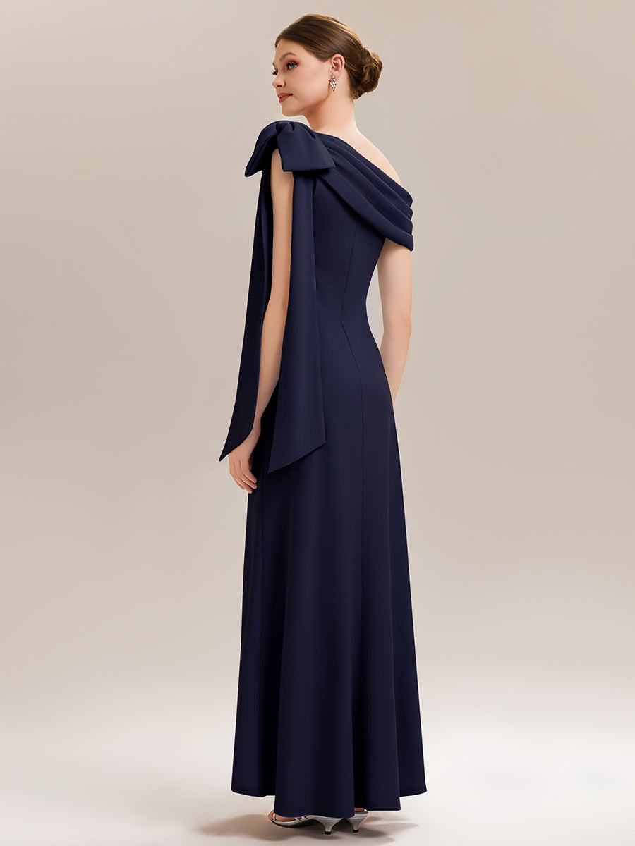 ever NOIR|Asymmetric Shoulder with Bow Knit Black Tie Formal Dress