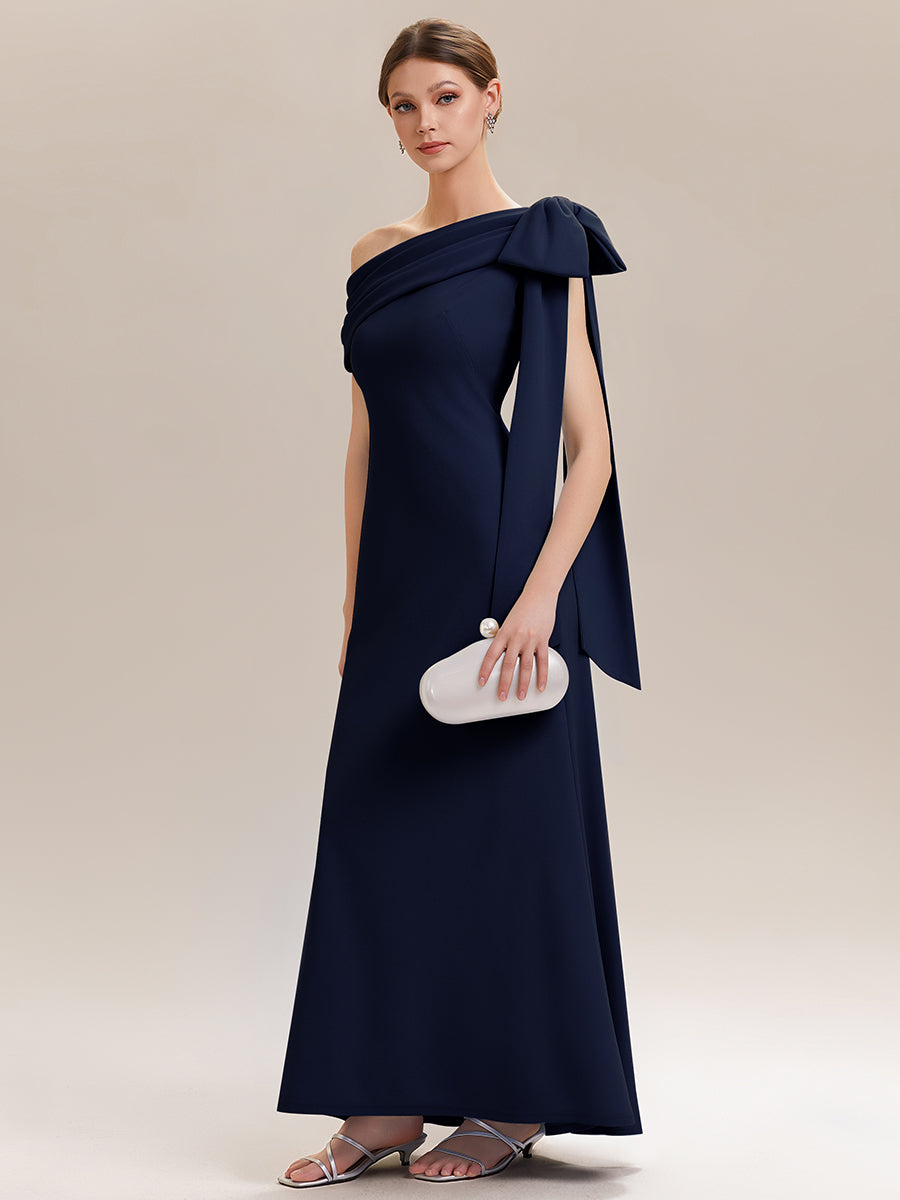 ever NOIR|Asymmetric Shoulder with Bow Knit Black Tie Formal Dress