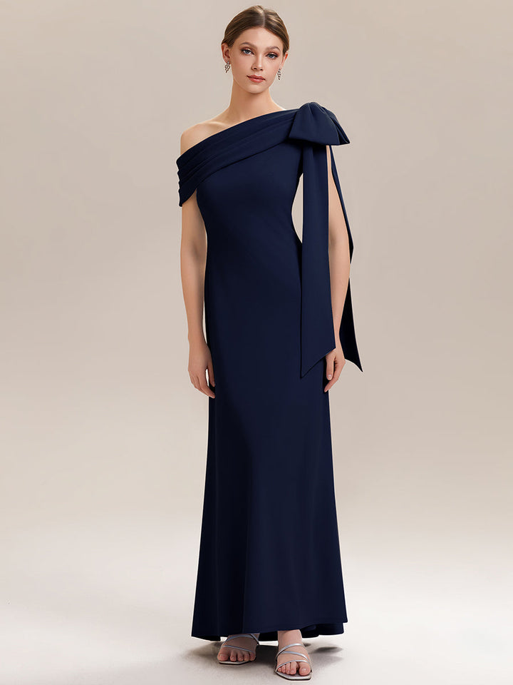 ever NOIR|Asymmetric Shoulder with Bow Knit Black Tie Formal Dress