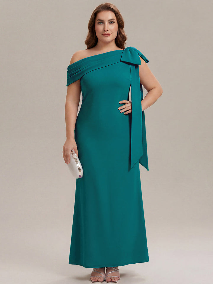 ever NOIR|Asymmetric Shoulder with Bow Knit Black Tie Formal Dress
