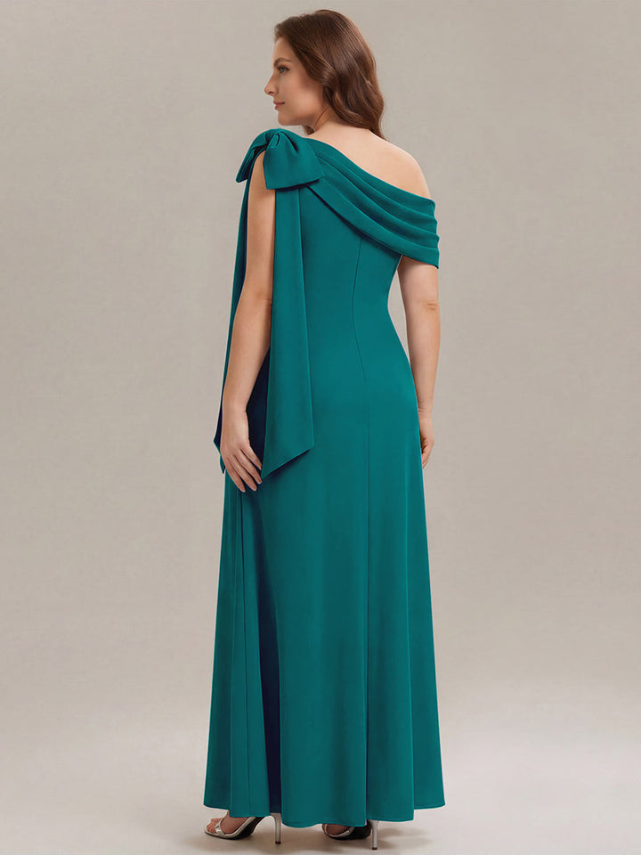 ever NOIR|Asymmetric Shoulder with Bow Knit Black Tie Formal Dress