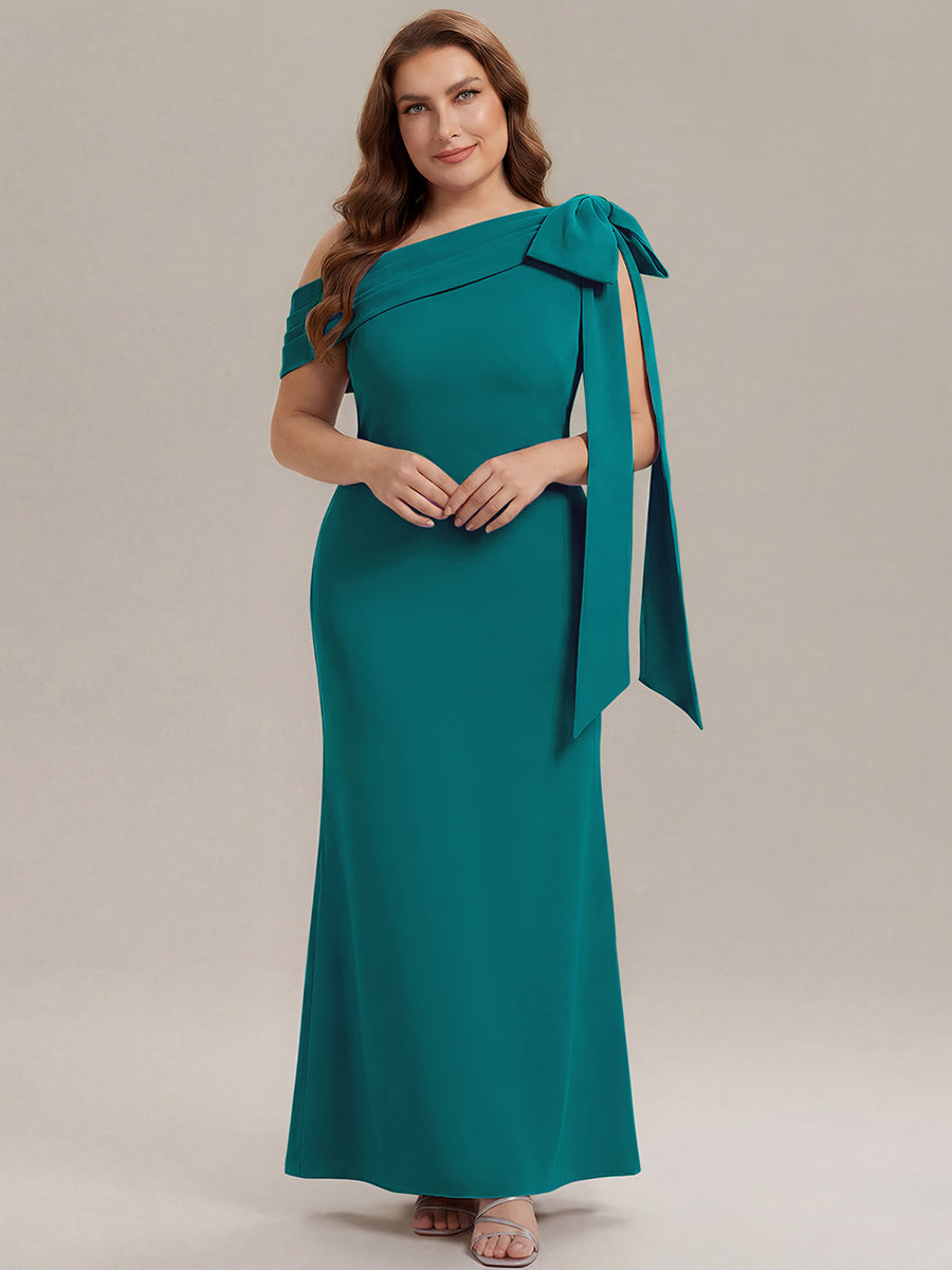 ever NOIR|Asymmetric Shoulder with Bow Knit Black Tie Formal Dress