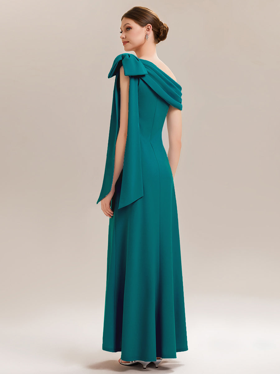 ever NOIR|Asymmetric Shoulder with Bow Knit Black Tie Formal Dress