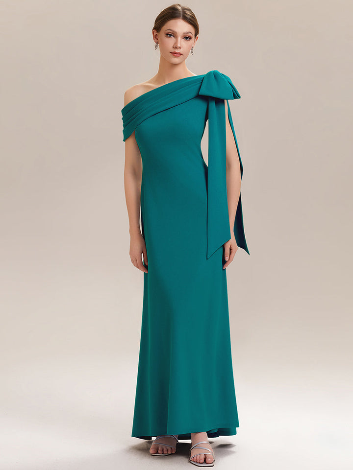 ever NOIR|Asymmetric Shoulder with Bow Knit Black Tie Formal Dress