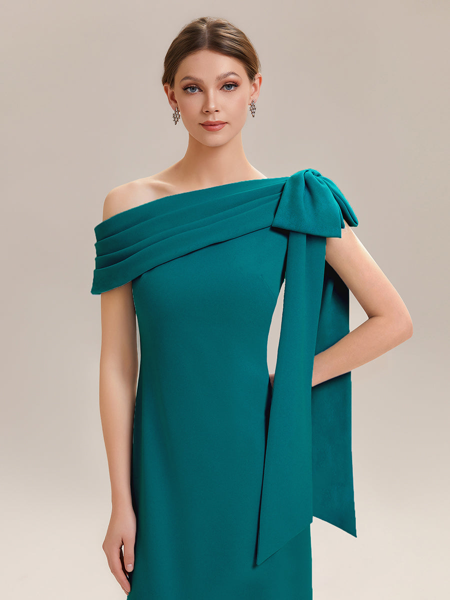 ever NOIR|Asymmetric Shoulder with Bow Knit Black Tie Formal Dress